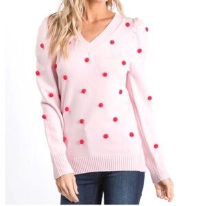 Pink Pom-Pom V-Neck Women's Sweater